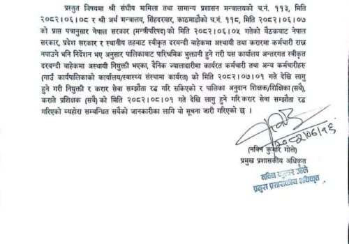 रुवीभ्याली गाउँपालिकाद्वारा करार सेवा सम्झौता रद्द